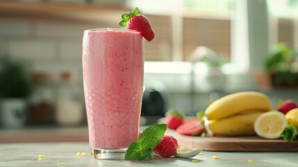 Poster - Healthy smoothie with fresh ingredients on a kitchen counter