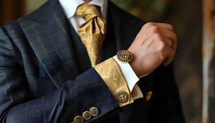 Elegant gentlemans suit sleeve featuring a distinctive vintage gold cufflink on fine fabric, showcasing luxury and refined style