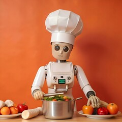 Wall Mural - A friendly robot chef in a white toque prepares a delicious meal.