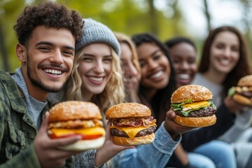 people, friendship and international concept - group of happy friends eating sandwiches or burgers in park, Generative AI