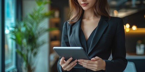 businesswoman in a black suit inside the office using tablet computer, audit paperwork for customers to contact, business people concept, Generative AI