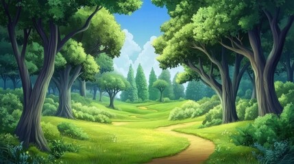 Sticker - A cartoon landscape with a path through the woods, AI