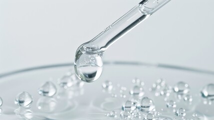 Leinwandbilder - Pipette with clear serum drop, white background, soft shadows