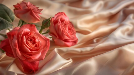 Poster - Red and pink roses on beige silk with delicate light effects