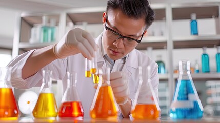 Scientist conducting an experiment in a lab, focused expression, medium closeup, practical equipment, vibrant liquids, sense of discovery, bright lighting,