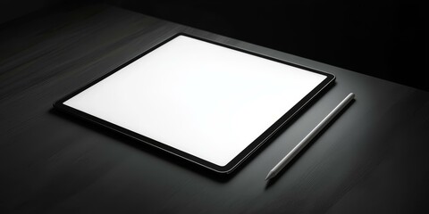 Black tablet, white stylus, dark background.