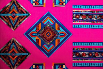 Vibrant Textile Design Featuring Pink Background with Geometric Patterns