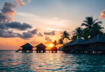 Tropical island resort with tree. Sunset over the beach