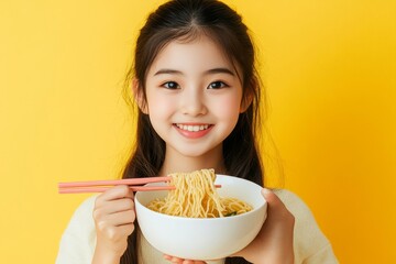 Young Asian girl over isolated yellow background holding a bowl of noodles with chopsticks and eating it, Generative AI