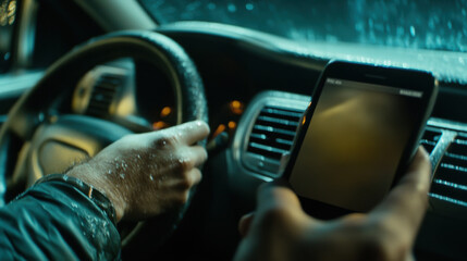 Canvas Print - A person holding a cell phone while driving in the rain, AI