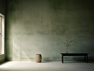 Wabi sabi and japandi japanese style rustic interior in forest green, white and neutral with wood, pottery and texture elements