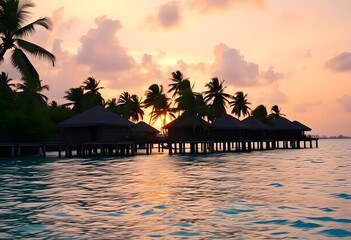 Sticker - Tropical island resort with tree. Sunset over the beach