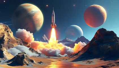 Rocket launch from a mountain landscape on an alien planet with vibrant planets and stars illuminating the cosmic backdrop