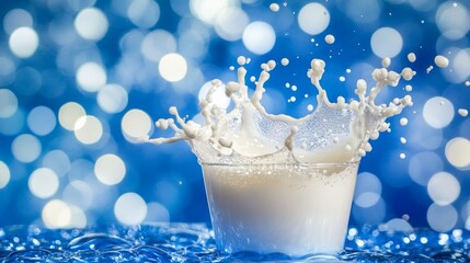 Wall Mural - High-speed photo of milk bursting from a glass on a blue background, the liquid forming intricate shapes and patterns