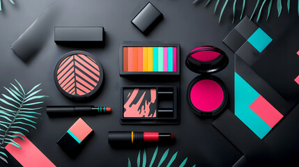 modern cosmetic set with vibrant packaging, displayed on a black and grey industrial background, reflecting city-inspired trends