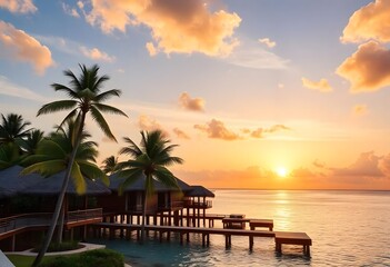 Sticker - Tropical island resort with tree. Sunset over the beach