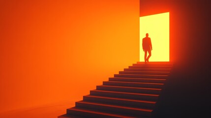 A silhouette ascending a staircase towards a glowing doorway representing opportunities and new beginnings