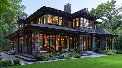 Modern House with Stone Exterior and Large Windows