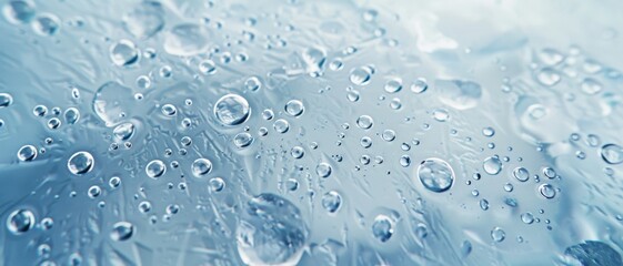 Water droplets glistening on a smooth, frosty surface capture the essence of purity and freshness.