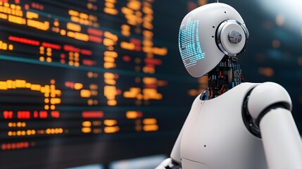 AI Robot Observing Data on Screen