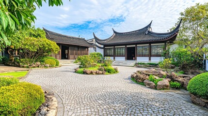 Traditional Chinese courtyard with a cobblestone path, lush greenery, and a beautiful blue sky.