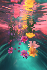 A creative underwater love scene featuring fresh spring flowers floating against a watery backdrop, capturing the essence of love in the water. Wishing you a happy Valentine's Day.