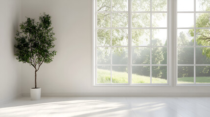 A white, empty room with a view of a summer landscape