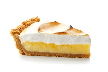 Wall Mural - Single piece of a lemon meringue pie isolated on a white background