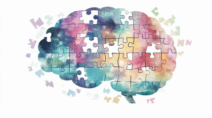 A stylized brain illustration with puzzle pieces missing