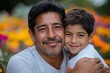 © Moments Captured - Single dark-haired dad Latino and hispanic son play and have fun together spending quality family time on Father's Day celebrating victory with hugs and, Generative AI