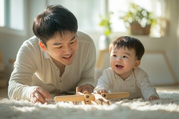 Asian dad and his cute little son playing with a wooden plane in a bright room, Generative AI