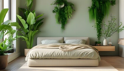 Tranquil modern bedroom featuring stylish bed, lush green plants, and eco-friendly decor for a serene atmosphere