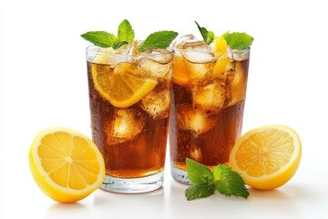 Wall Mural - Two Refreshing Glasses of Iced Tea with Slices of Lemon, Ice Cubes, and Fresh Mint on White.