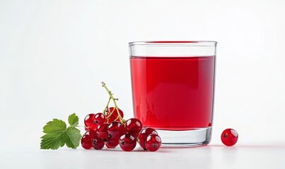 Wall Mural - A bright redcurrant drink in a transparent glass, with its lively red hue standing out against the white backdrop