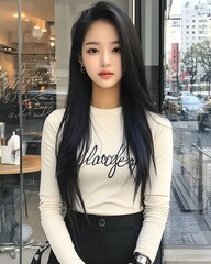 Young woman with long black hair in a casual cream-colored top, standing outside a cafe in the city.
