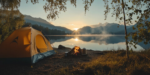 camping tent and burning campfire near lake at sunrise with mountain background