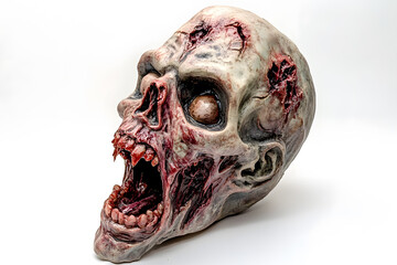 Wall Mural - Human scary zombie head isolated on a white background.