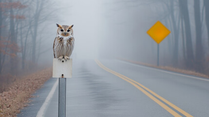 Sticker - An owl sitting on a street sign in the middle of fog, AI