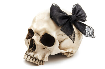 Halloween concept made of female skull and dark bow