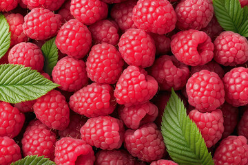 Wall Mural - Fresh raspberries with green leaves