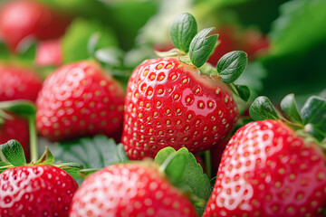 Wall Mural - Fresh strawberries with green leaves