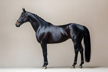 Majestic black horse standing proudly in full body pose isolated on white background