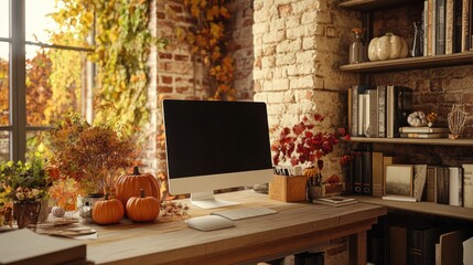 A cozy home office with a computer, pumpkins, and fall foliage.