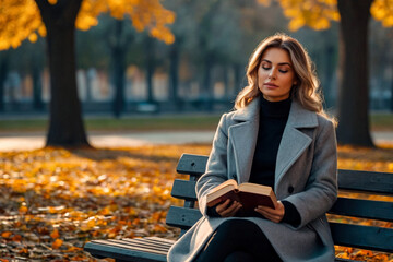 Pretty cover woman in grey coat with book sitting on park bench in autumn day, pensive closed eyes. Perfect young lady enjoying nature on fall fresh air. Leisure activity concept. Copy ad text space