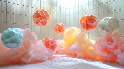 A creative 3D papercraft bubble chart, vibrant paper spheres floating at different heights above a paper grid, soft folds and textures on the bubbles, glowing light, dynamic shadows,