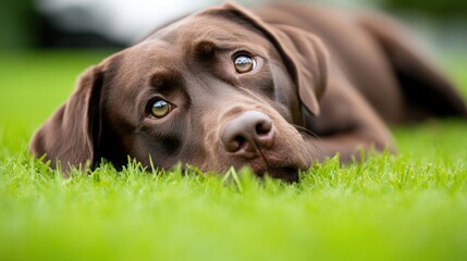 Canvas Print - A brown dog laying on the grass with its head down, AI