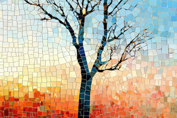 Abstract mosaic texture featuring a tree against a sky