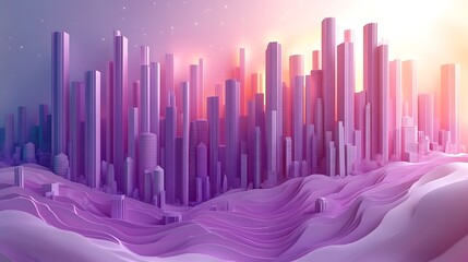 A detailed 3D papercraft histogram, vertical bars of paper in staggered heights, layered with various shades of purple, soft glowing light, clean and smooth background, precise paper details,