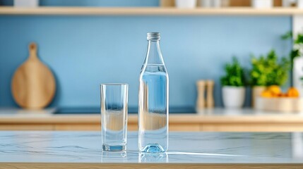 Wall Mural - A minimalist kitchen scene with a chilled bottle of mineral water and a glass on a marble countertop