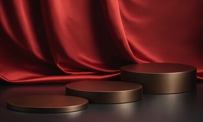 Canvas Print - Three bronze podiums in front of a red silk curtain